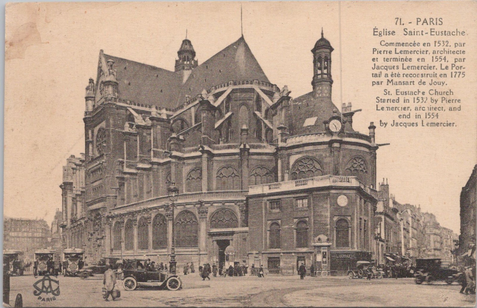 Photo PC Paris France Street Scene at Eglise St. Eustache 1920s era
