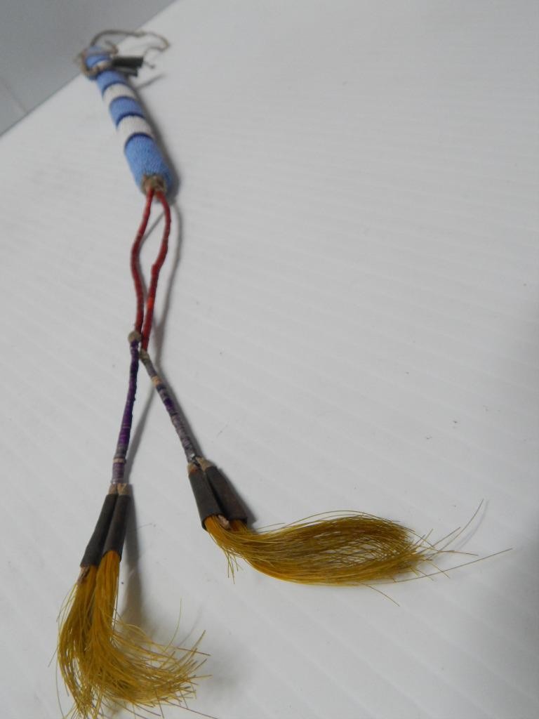 ANTIQUE c.1890s BEADED QUILLED LAKOTA INDIAN AWL CASE YELLOW HORSEHAIR TIN CONES