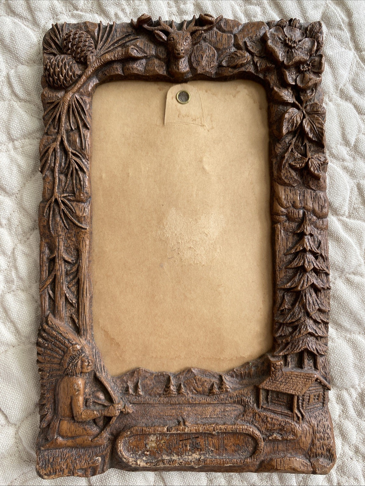 VTG Wood Frame Nature Theme Carved Deer Native American Chief Log Cabin Pines