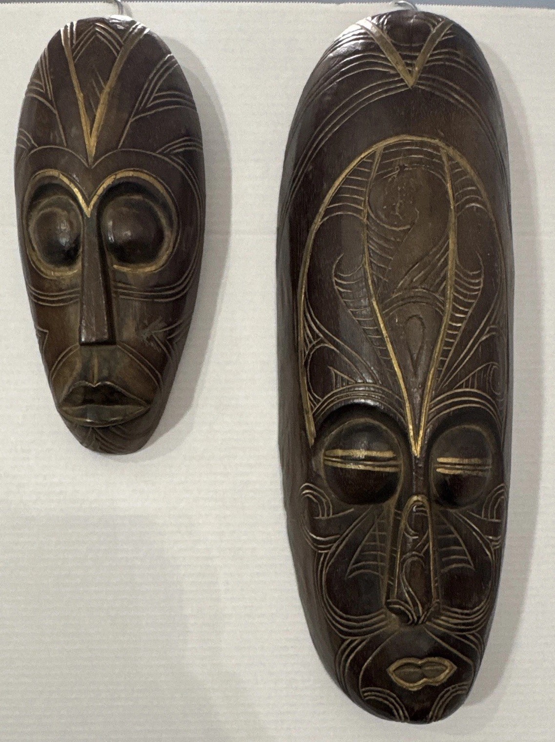Vintage Indonesian Hand Carved Wooden Tribal Masks Pair Wall Art Decor Boho Lot