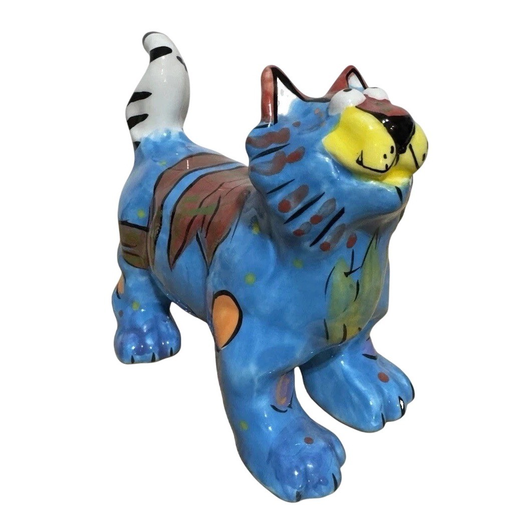 Vintage Ganz Bella Casa Ceramic Cat Figurine Dottie Dracos Artsy Blue Tiger 8\