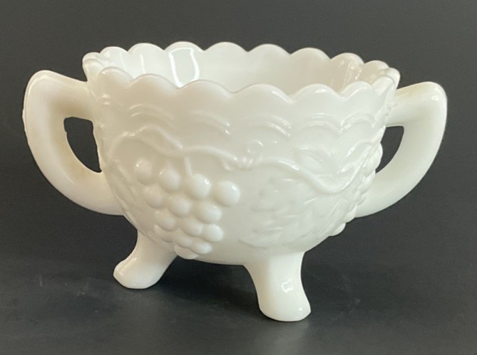 Vintage Imperial Milk Glass Footed Open Handled Sugar Bowl Grape Pattern