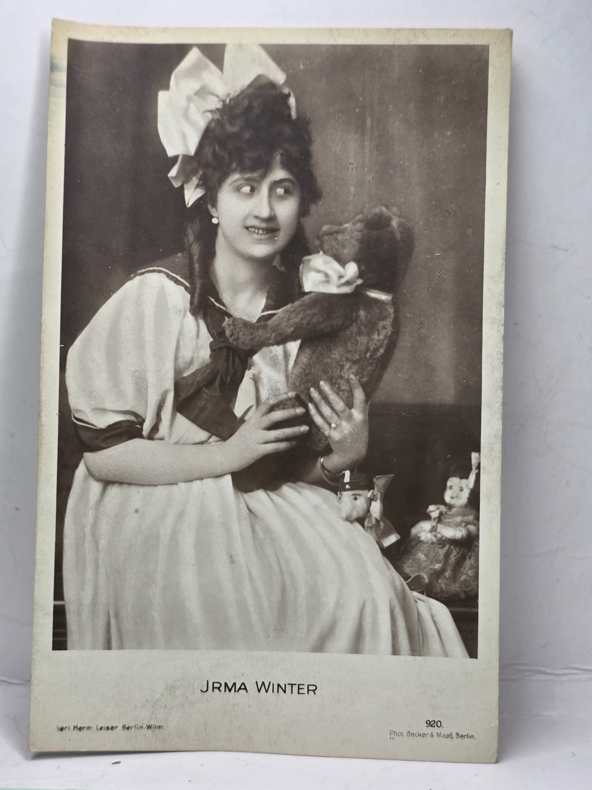 Antique 1910s RPPC Postcard Jrma Winter Actress Teddy Bear Becker & Maass UNUSED