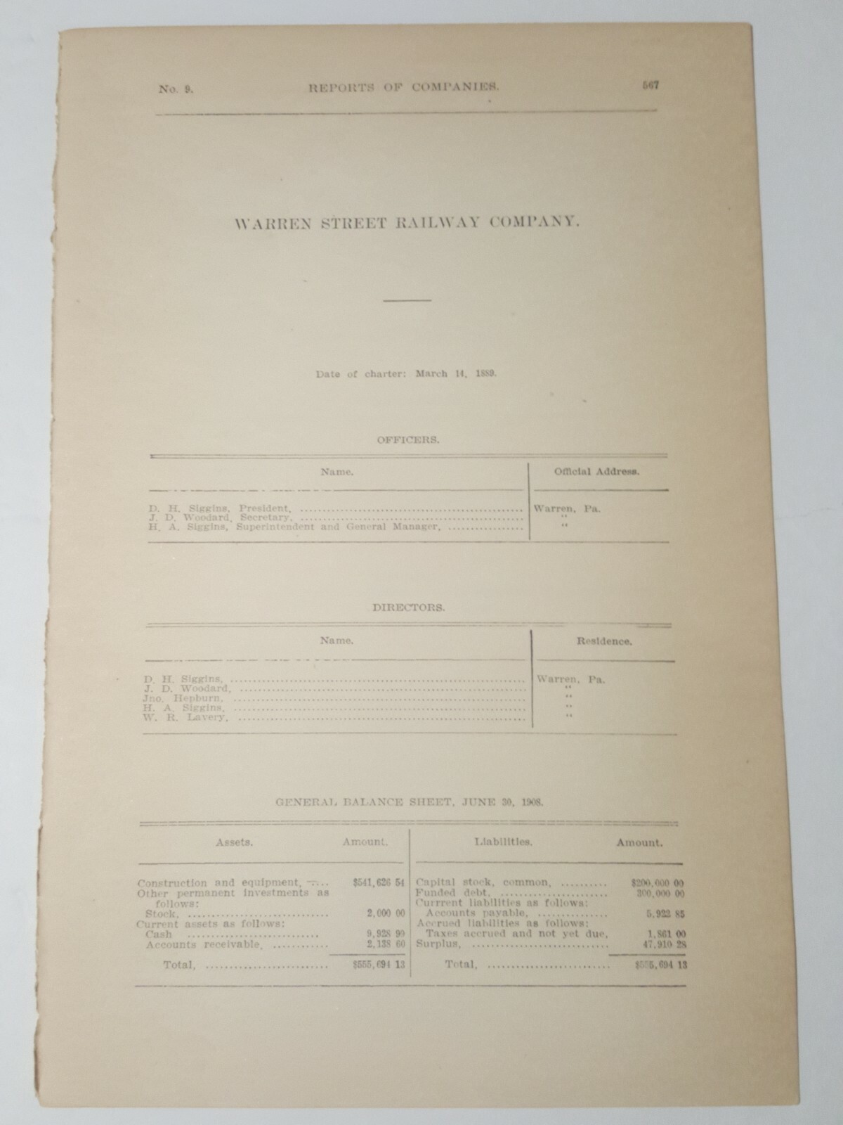 1909 RR document WARREN STREET RAILWAY electric trolley streetcar Warren PA