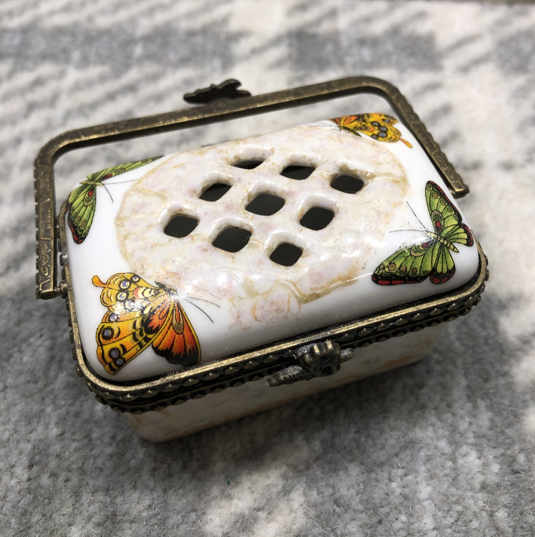 Butterfly Basket Trinket Box Porcelain &Metal Basket rim/handle, Charming Colors