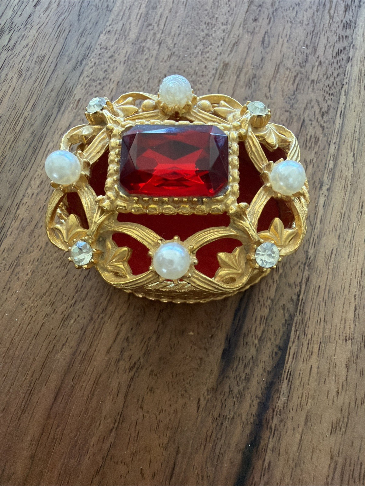 Vintage Signed Florenza Jeweled Trinket Pill Box Ruby Red Rhinestone Faux Pearl