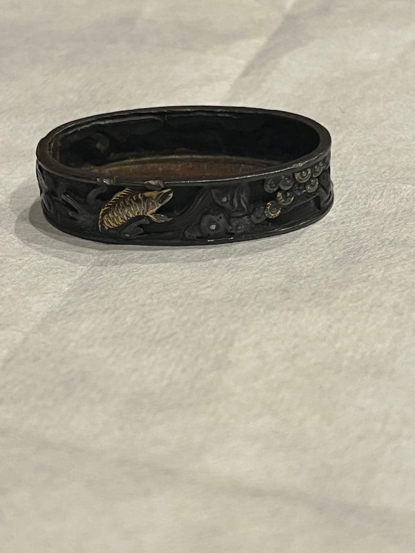 Antique Japanese Shakudo Fuchi Carp Waves Gold Inlay Edo Period