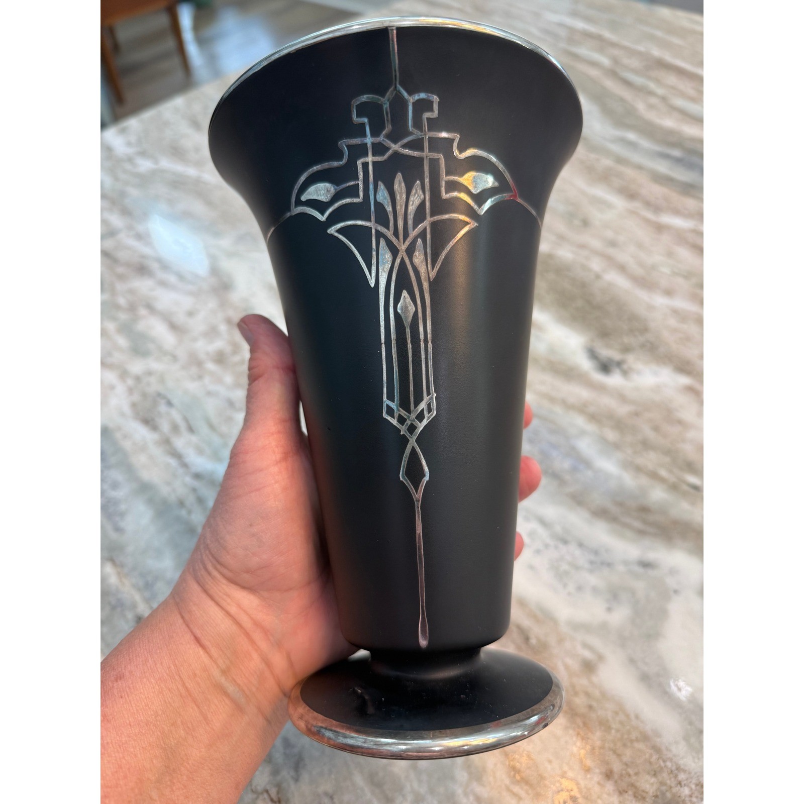 Art Deco Matte Rockwell Silver Overlay Geometric Design Tapered Vase
