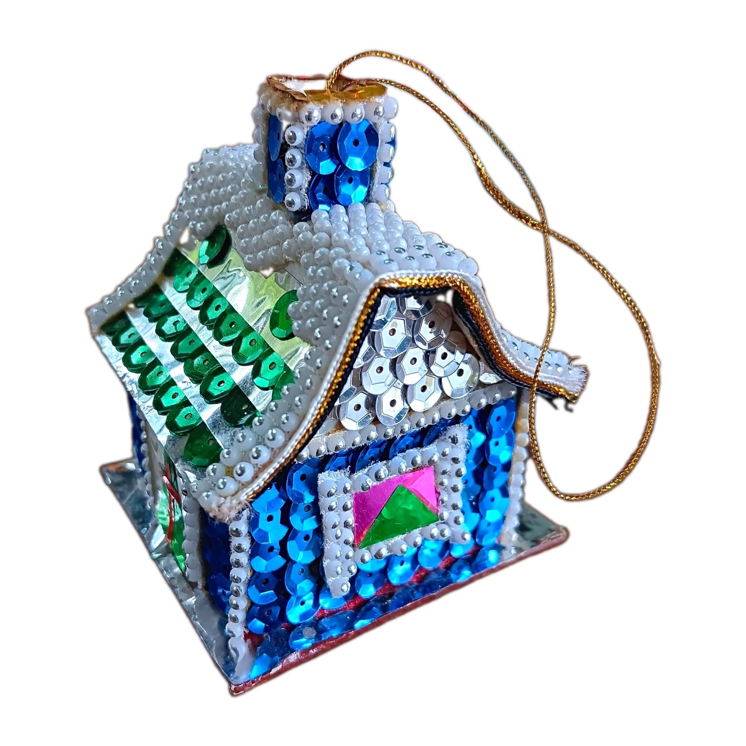 Vtg 1980s Bombay Co. Sequin Putz House Christmas Ornament Jewelry Box