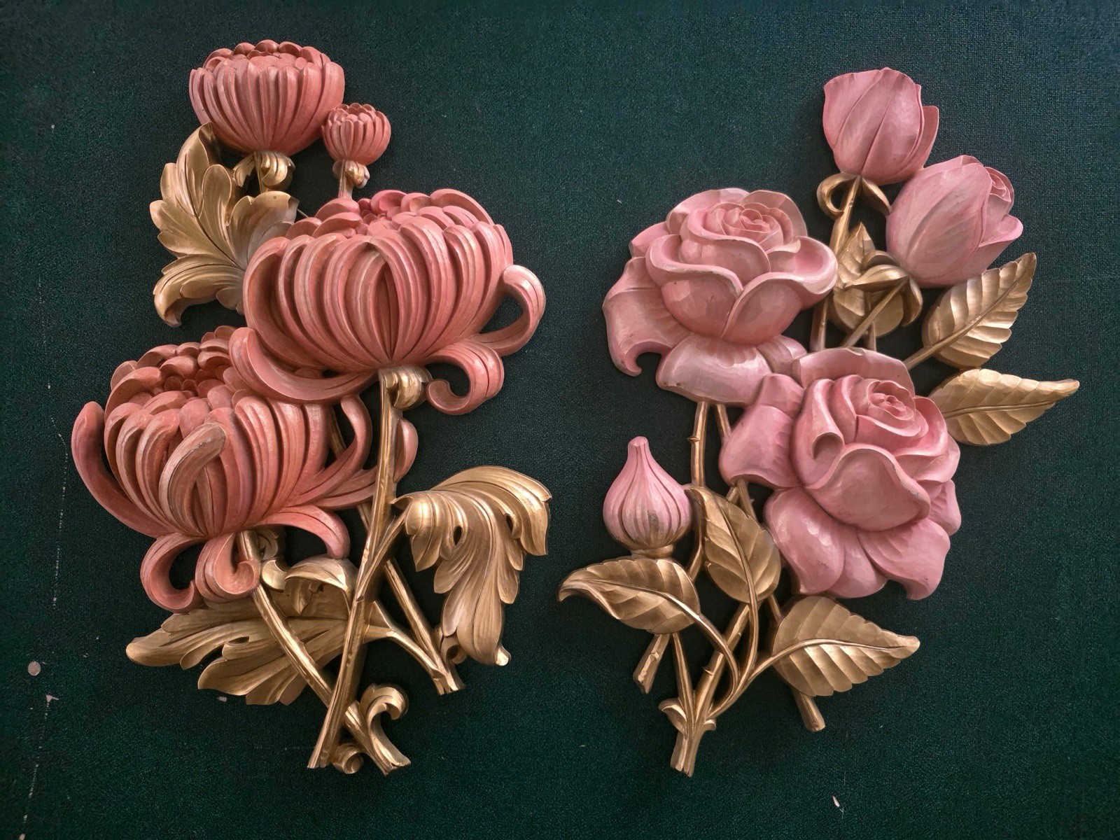 Vtg Syroco Pink & Gold Floral Wall Plaques Set MCM Rose Chrysanthemum 4460 READ