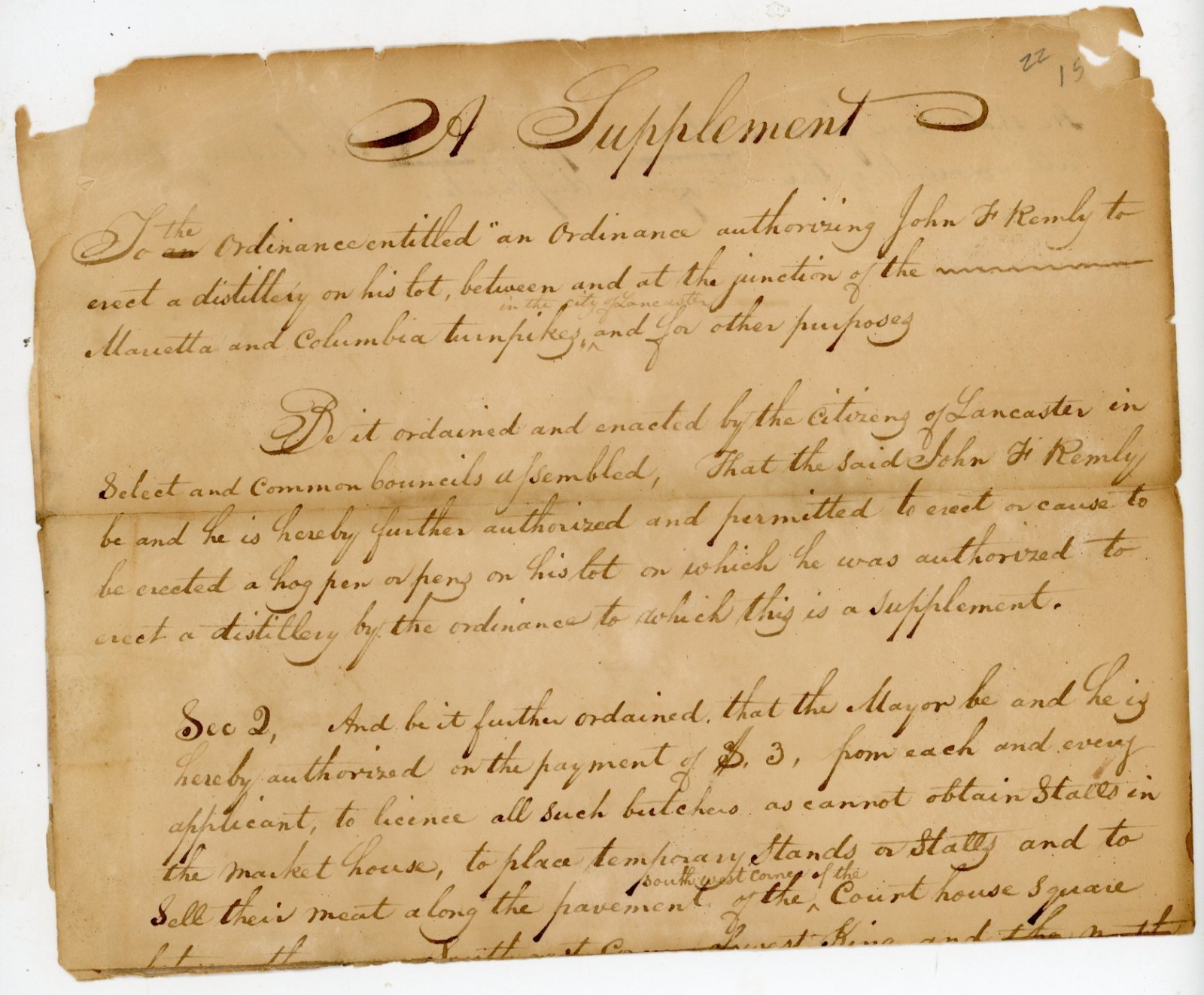 1835 Lancaster PA Handwritten City Ordinance Manuscript Distillery Butcher Hogs 1835 Lancaster PA Handwritten City Ordinance Manuscript Distillery Butcher Hogs