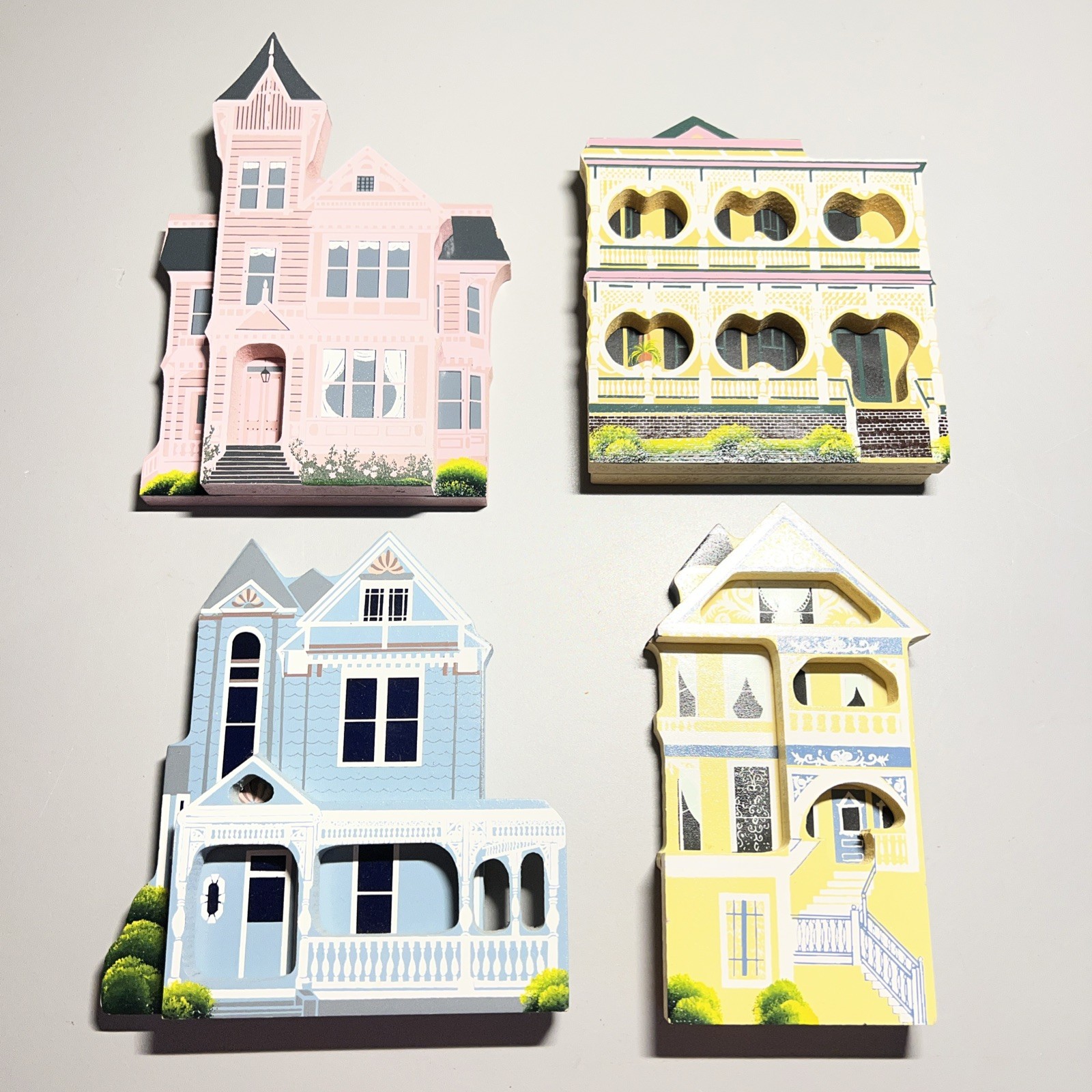 Vintage Shelia's Collectibles Lot of 4 Painted Ladies Wooden House Shelf Sitters