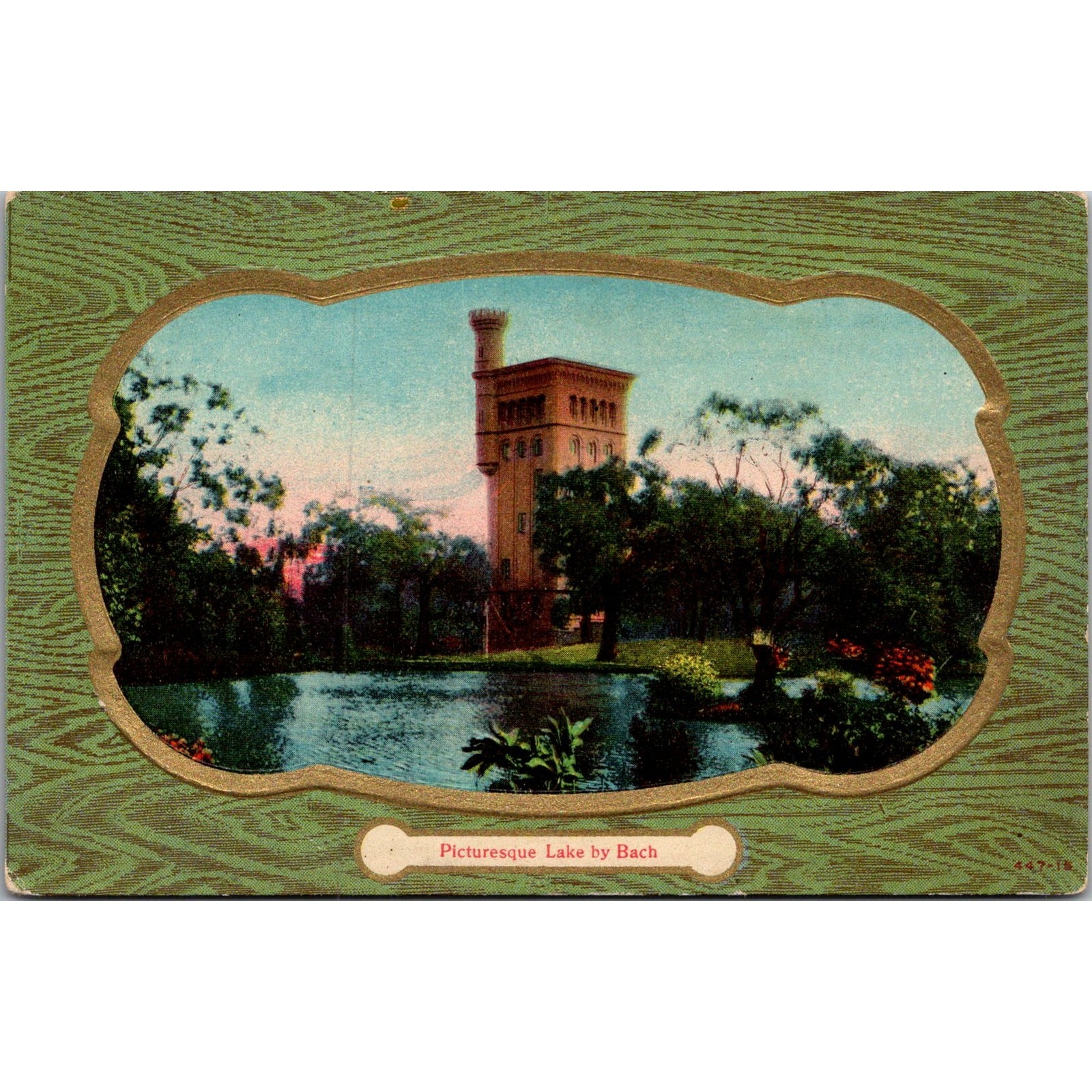 Picturesque Lake By Bach Brick Water Tower Park Setting Vintage Postcard SP5-12