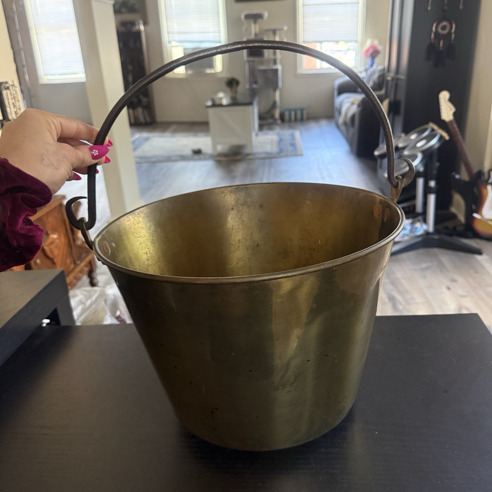 Antique American Brass Kettle Manufacturers Bucket Pail 13” Iron Pail Primitive