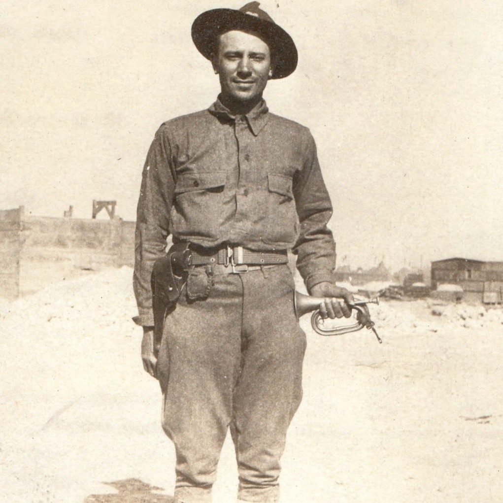c1910s WWI Era US Army Bugler Soldier Campaign Hat Snapshot Photo Holster Horn