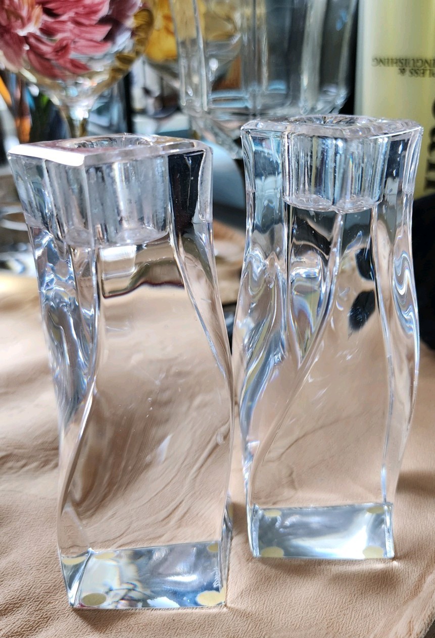 Orrefor Scandanavian 2 Crystal Twisted Candleholders MCM1965, Pristine PO Signed