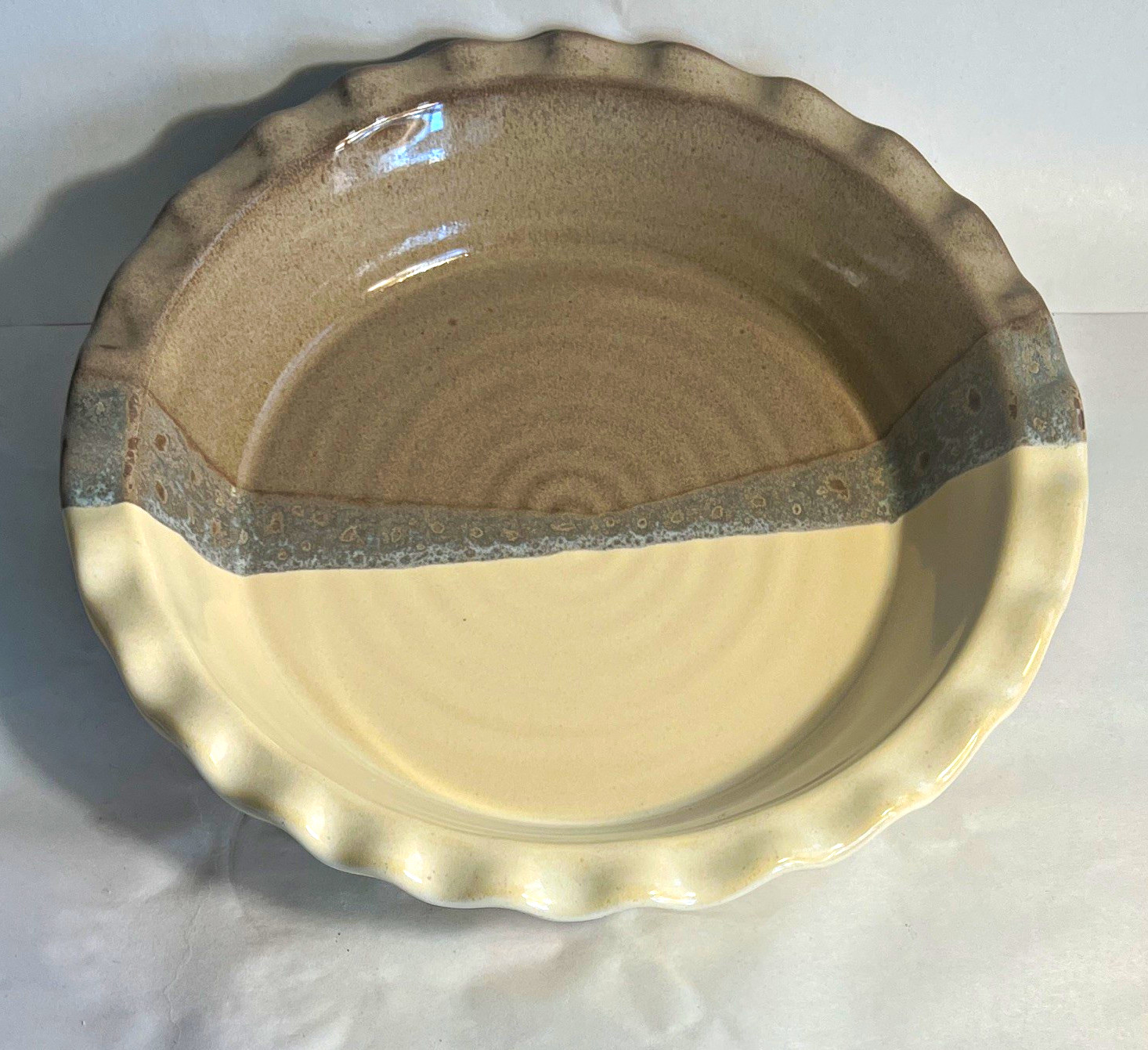 Ceramic Fluted Pie Dish 10.5in Round Beige hand made by Neher pottery recipe 