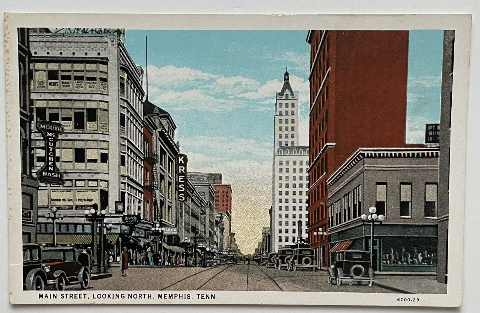 Main Street Looking North Memphis Tennessee TN Unposted Postcard Kress Old Cars