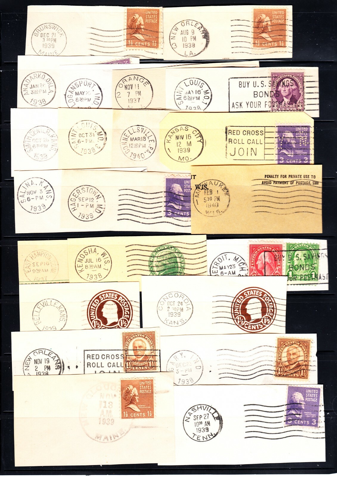 US OLD POSTMARKS 1938 - 1940  MARTHA WASHINGTON FRANKLIN HARDING  Z694