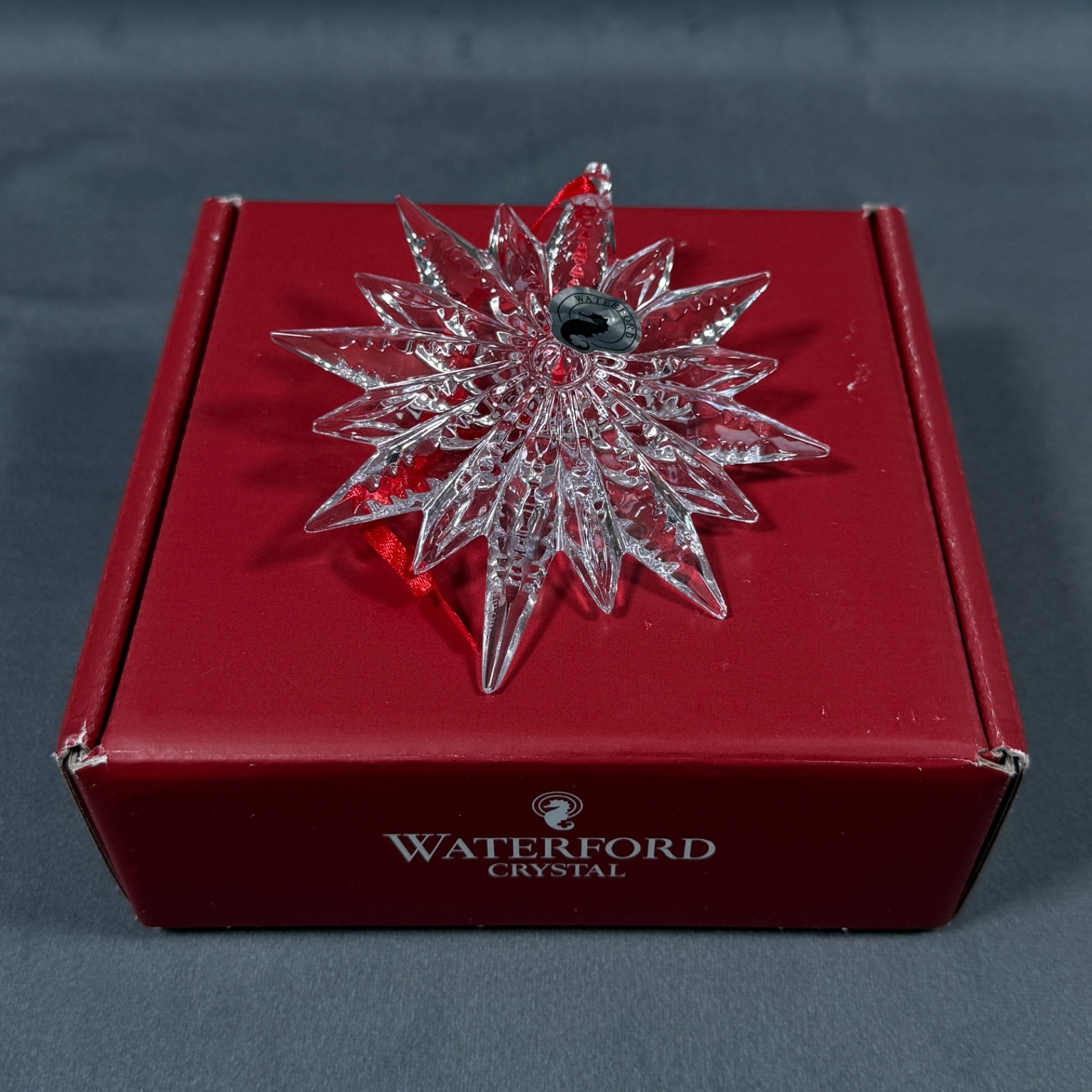 Waterford Crystal Star Christmas Ornament 4' NEW Red Ribbon Holiday Decor Waterford Crystal Star Christmas Ornament 4' NEW Red Ribbon Holiday Decor