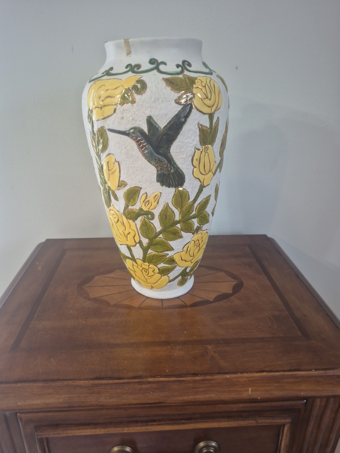 Vintage Hand Painted 13.5 Inch Hummingbird And Floral Vase 1976 Signed By Artist Vintage Hand Painted 13.5 Inch Hummingbird And Floral Vase 1976 Signed By Artist