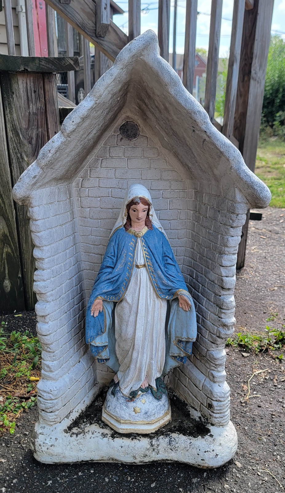 Vintage 2 pc. Concrete Mother Mary In Grotto Garden Statue
