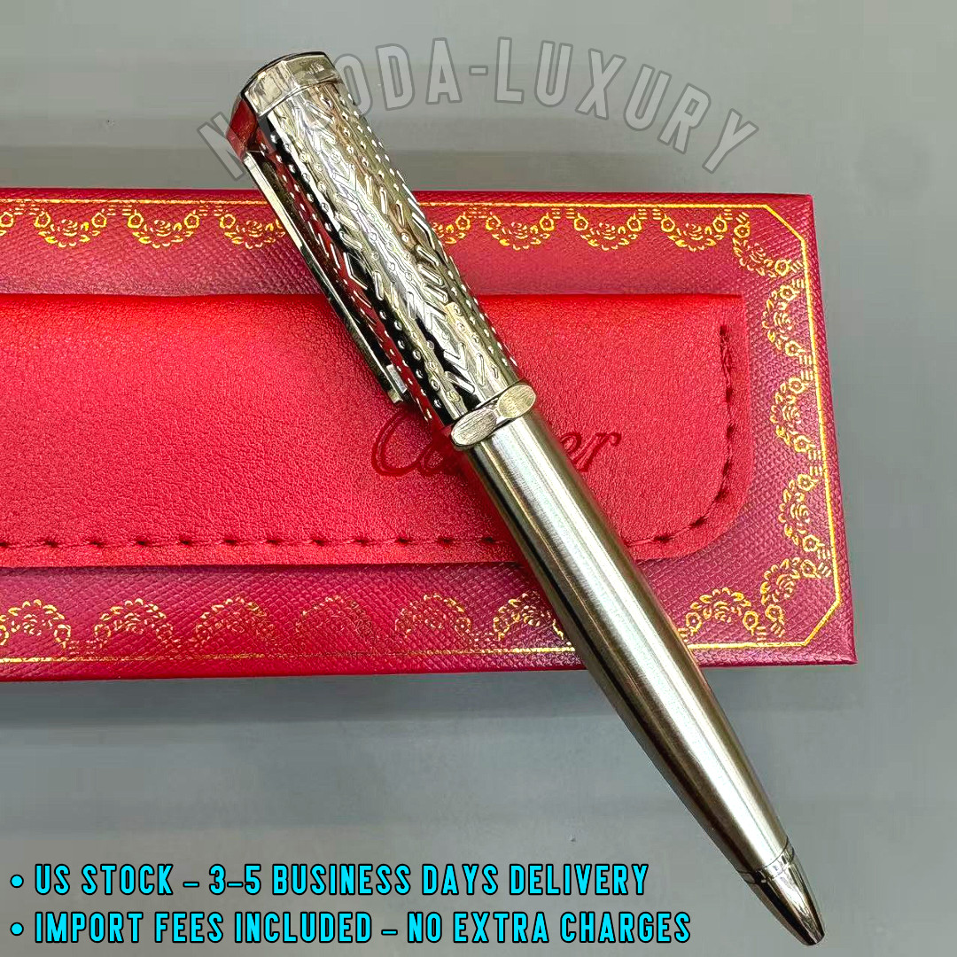 CARTIER Santos Engraved All Metal Silver Tone Ballpoint Pen Luxury BID NOW