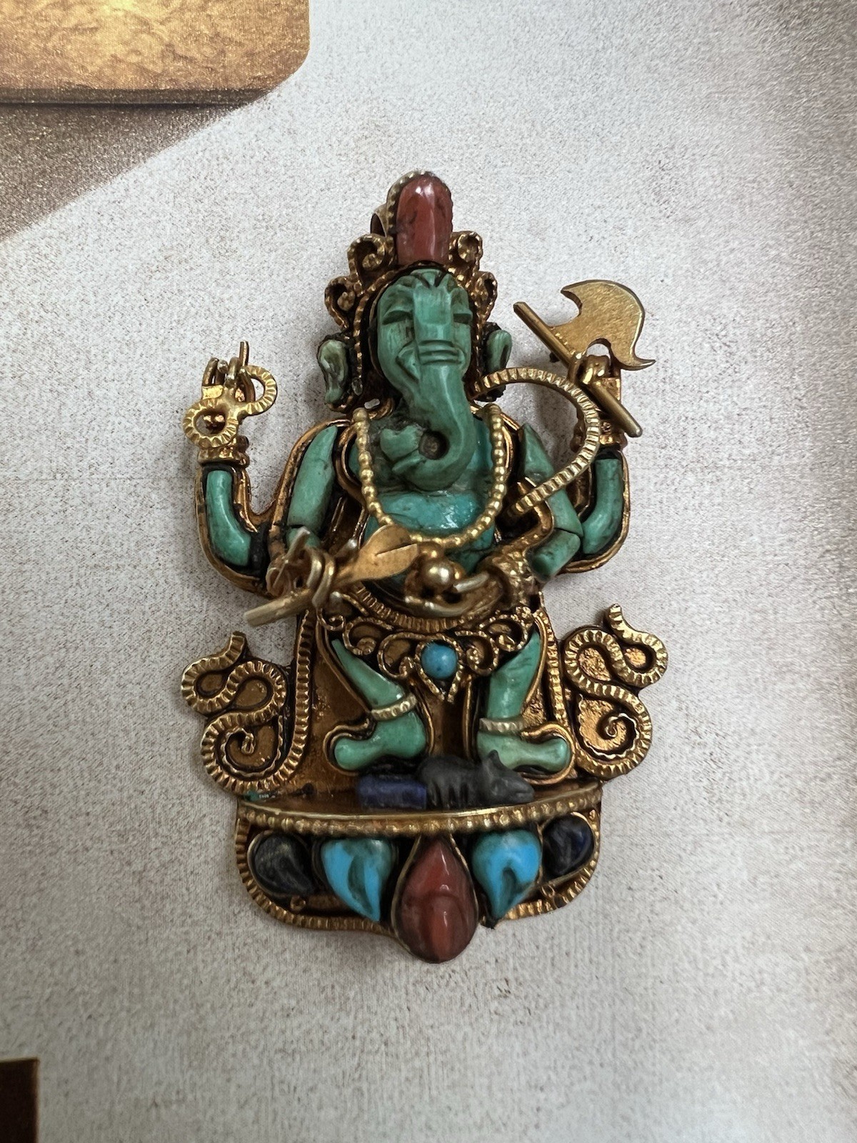 Lord Ganesh, Tibetan Filigree Turquoise Coral inlaid genuine gem 925 pendant Lord Ganesh, Tibetan Filigree Turquoise Coral inlaid genuine gem 925 pendant