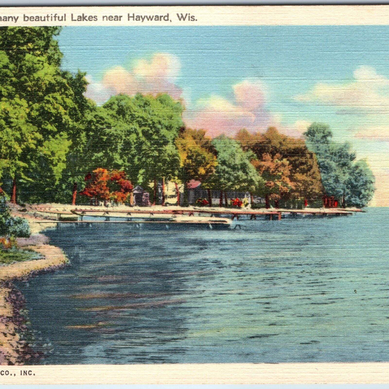 1940 Near Hayward, WI Lake Boat Dock Scenic Nature Flowers Trees Clouds Sky A225