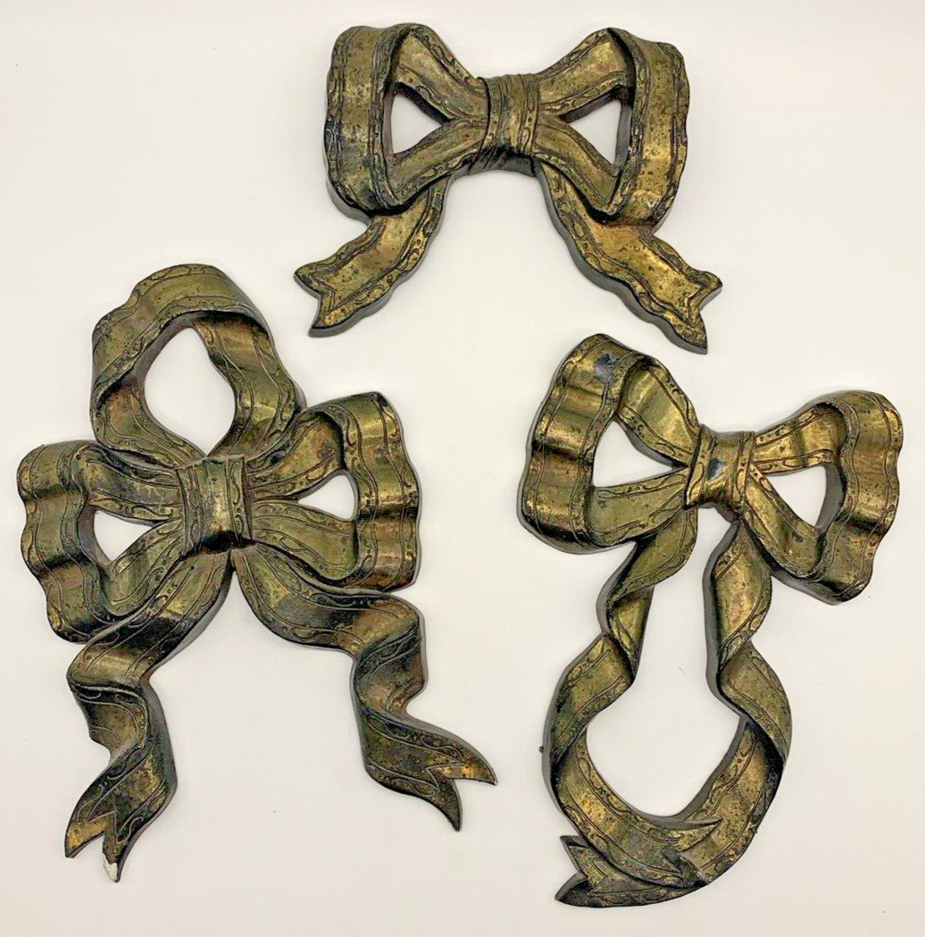 Vintage Set of 3 Syroco Gold Tone Molded Plastic Ribbon Bow Plaques Wall Decor