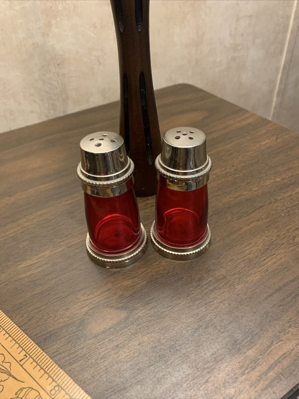 Vintage Red Glass & Brass  Salt And Pepper Shakers Retro Style Chrome tops
