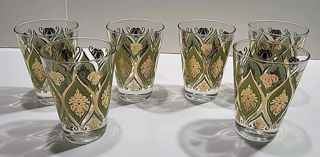 VTG Retro Design Old Fashioned Glasses Set of 6 Green&Gold by Irene Pasinski