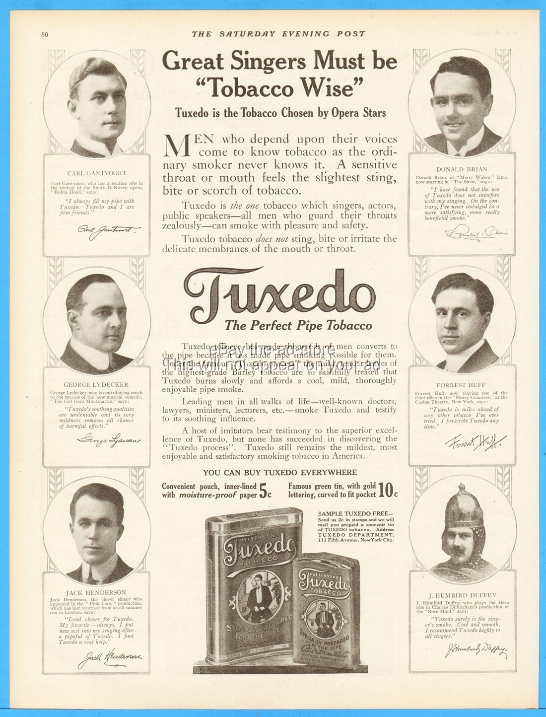 1912 Patterson\'s Tuxedo Tobacco Carl Gantvoort Donald Brian George Lydecker Ad