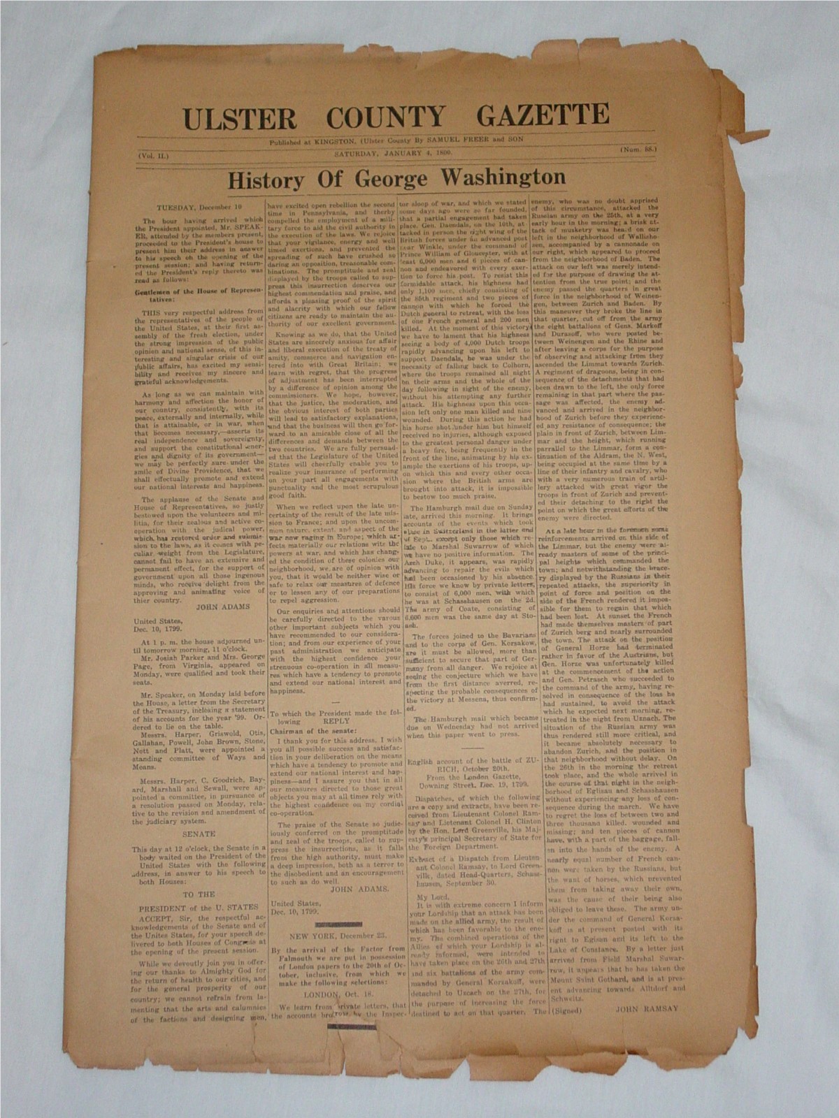 7 ANTIQUE 1920's REPRINT ULSTER COUNTY GAZETTE GEORGE WASHINGTON JAN. 4, 1800