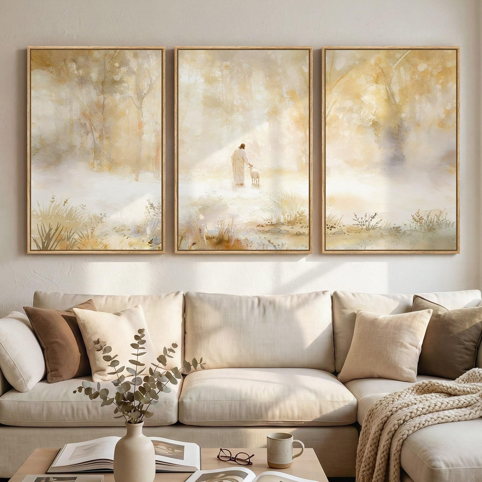 Large Framed Christian 3 Piece Wall Art, Jesus Leaves the 99 Sheep Canvas Pri...