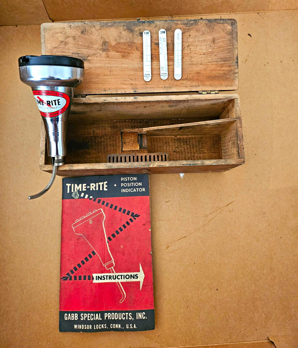 VINTAGE GABB TIME-RITE PISTON POSITION INDICATOR – ORIGINAL WOODEN CASE & INSTRU
