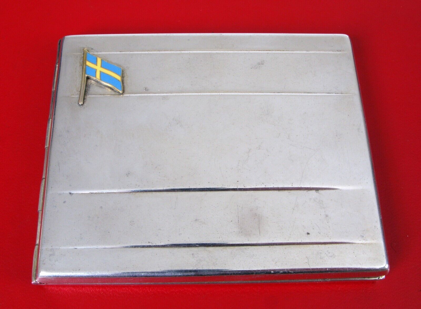 LOVELY VINTAGE SWEDEN FLAG CRUISE SHIP SOUVENIR SILVER CIGARETTE CASE RARE 