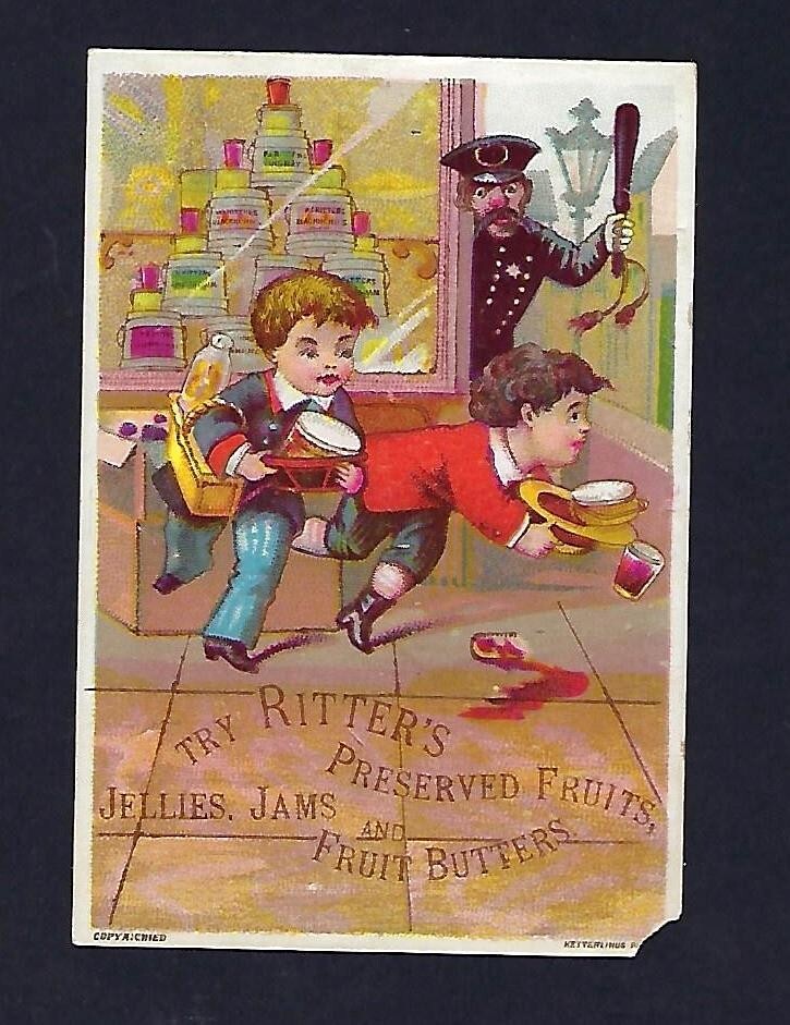c1890 Victorian Trade Card Ritters Preserved Fruits & Butter, Police Chasing Kid