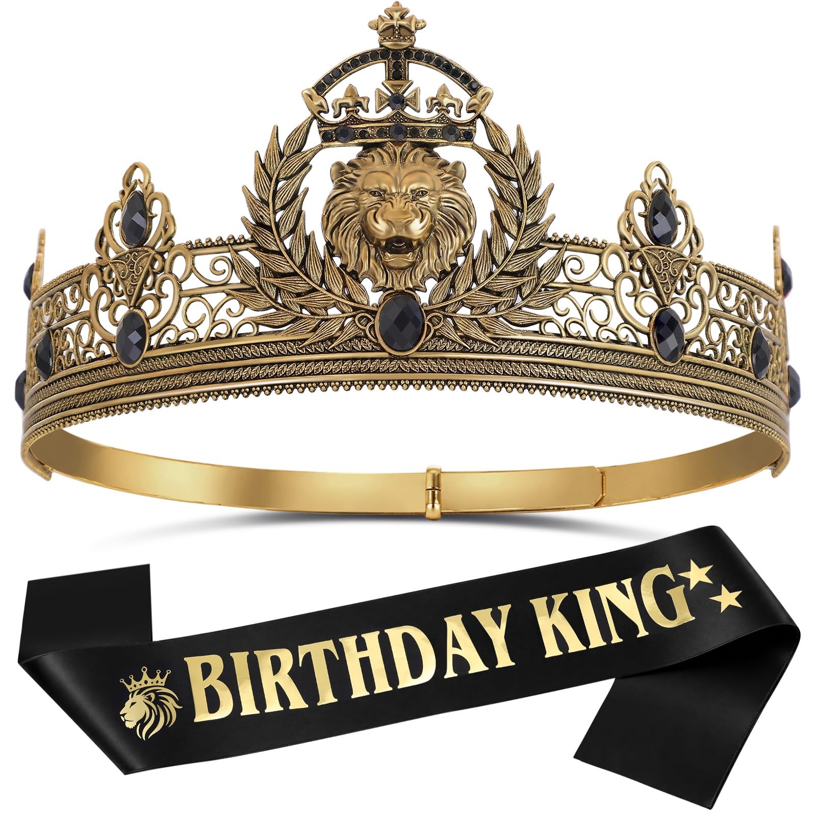Gold Black King Crown and Birthday Sash for Men Birthday Tiara Decoration