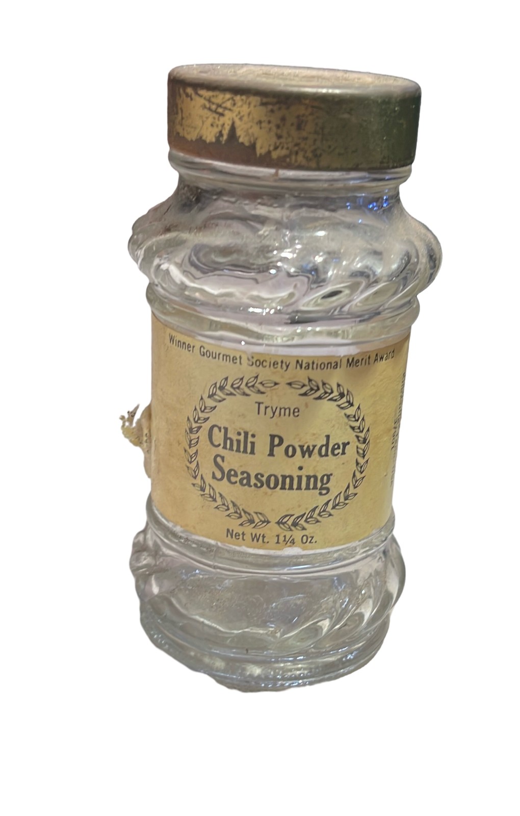 Tryme Chili Powder Seasoning Glass Jar Gold Lid 1.75 oz Spice Bottle
