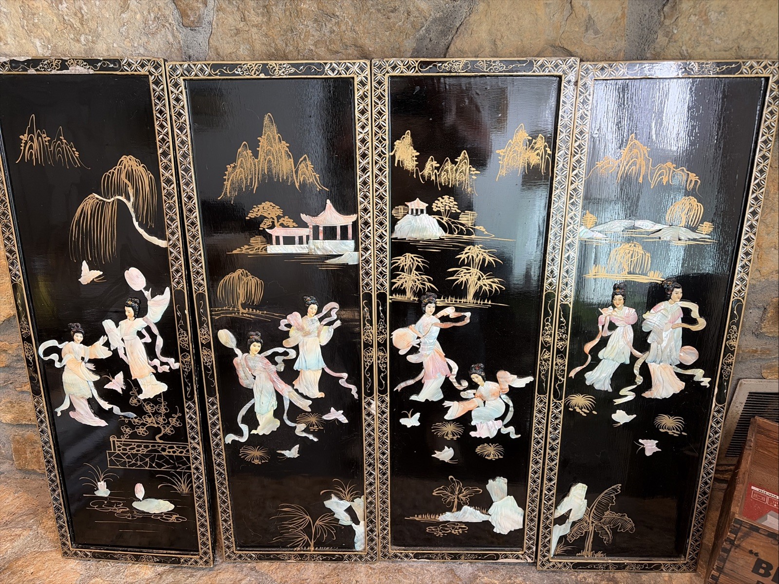 4 Vintage Oriental Mother of Pearl Women Inlaid Black Lacquer Wall Panels 36”