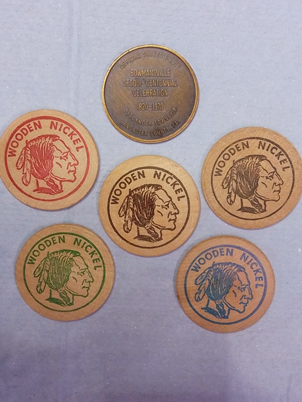 Complete Set Vintage 1970 Bowmansville PA Sesquicentennial Wooden Nickels Bronze