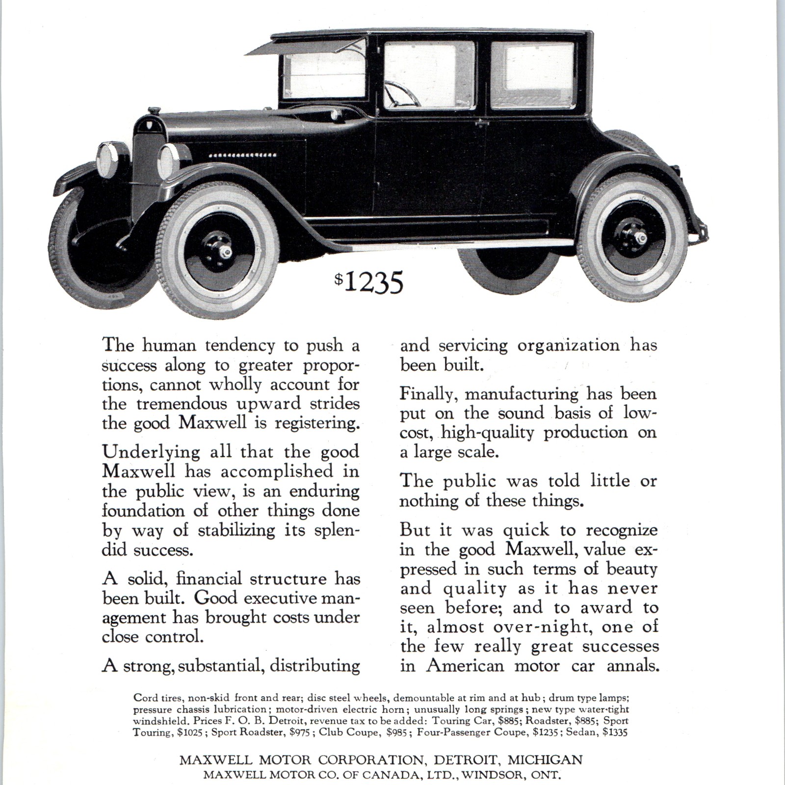1923 Maxwell Motor Corp Detroit MI Sedan Coupe Roadster Vintage Automobile Ad