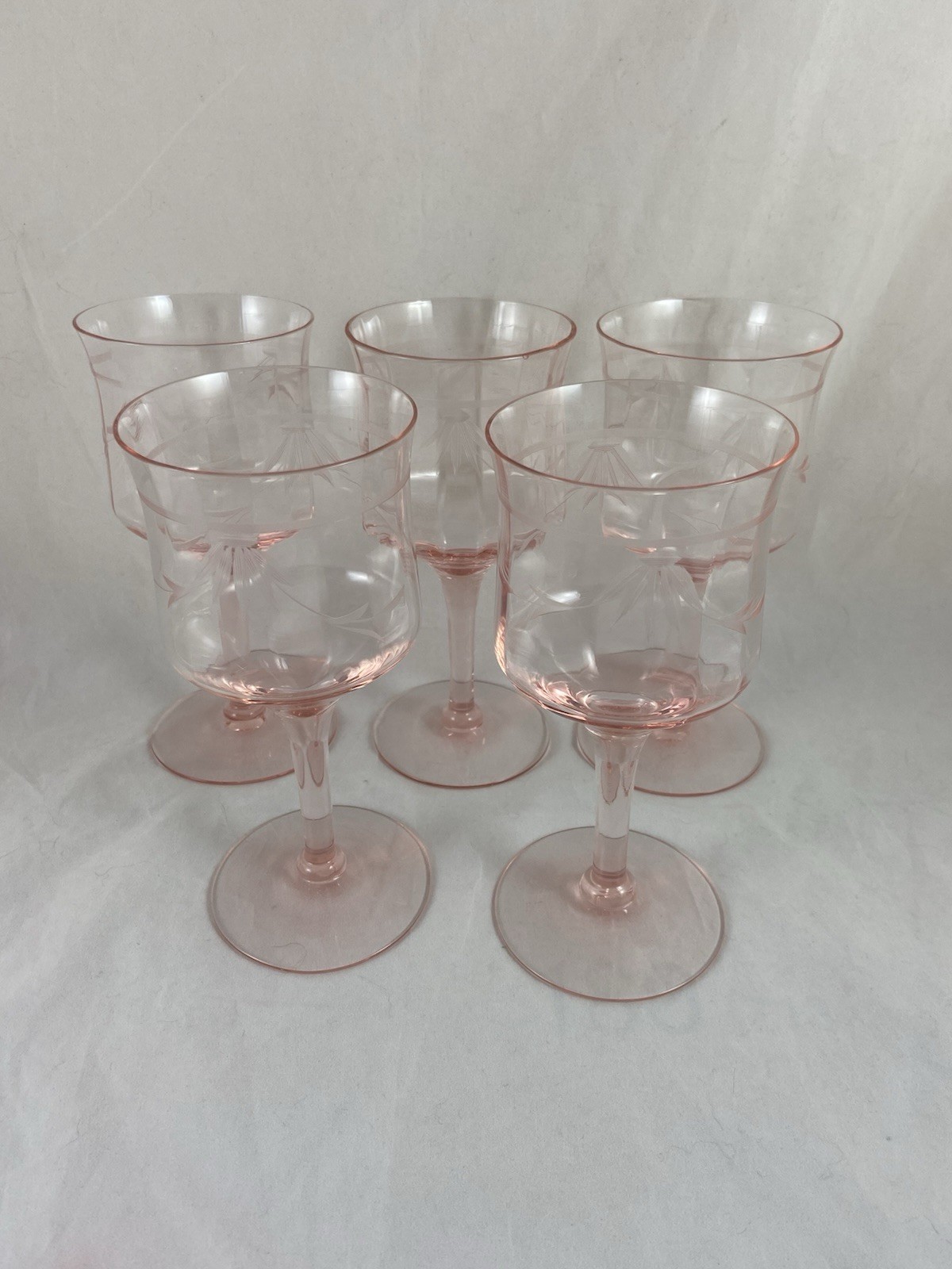 Tiffin Franciscan Set Of 5 Etched Champagne Wine or Sherbet Glasses Pink 6.75” T