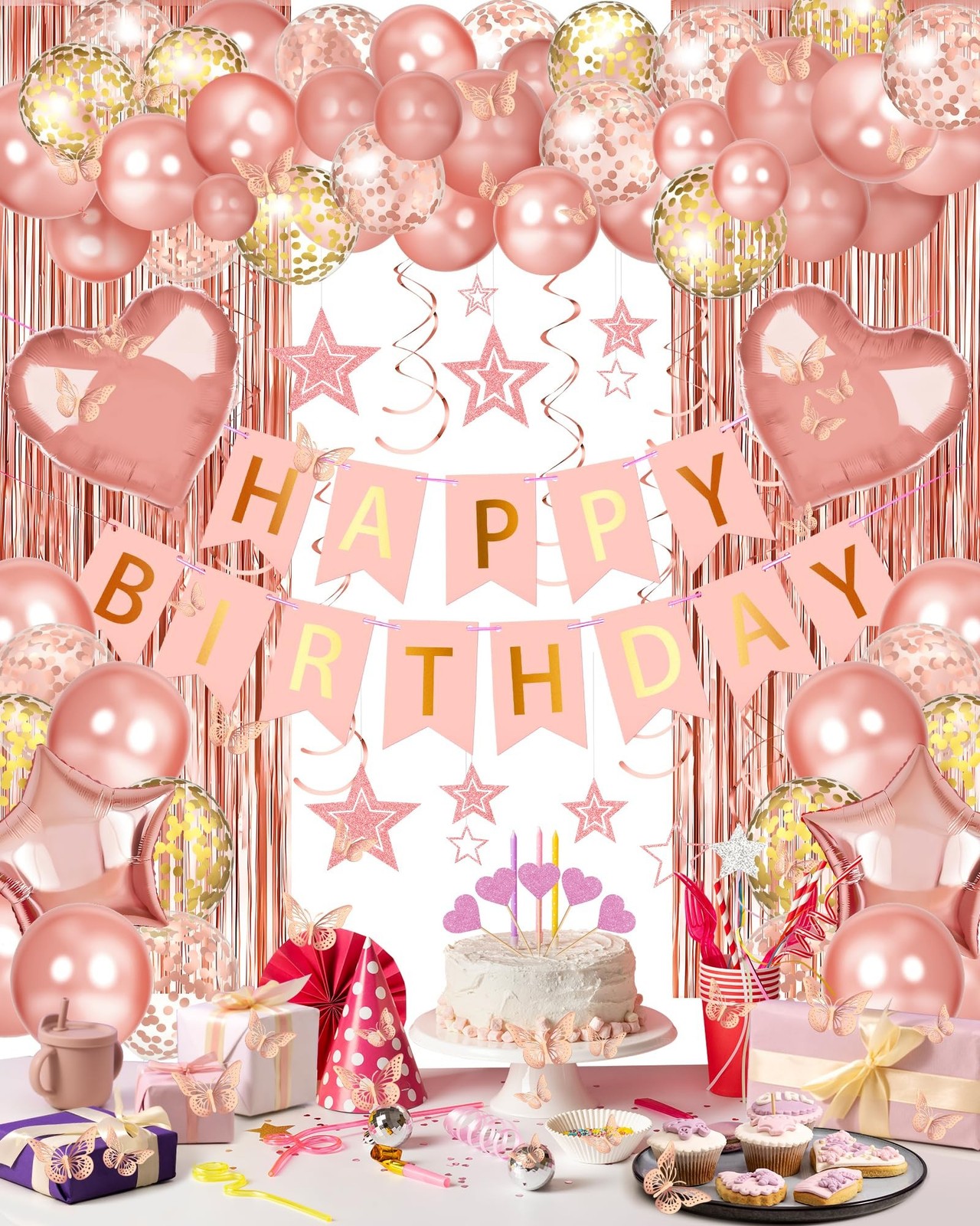 Rose Gold Happy Birthday Party Decorations with Banner Balloons for Women Rose Gold Happy Birthday Party Decorations with Banner Balloons for Women
