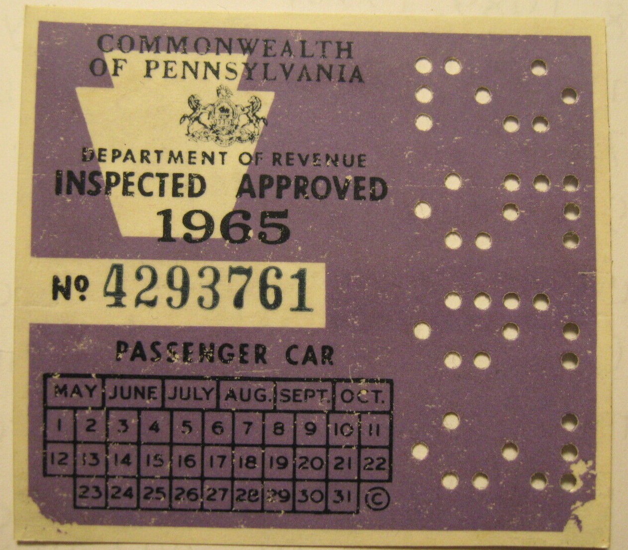 Vintage Original 1965 PA Pennsylvania Inspection Sticker Old Antique Car