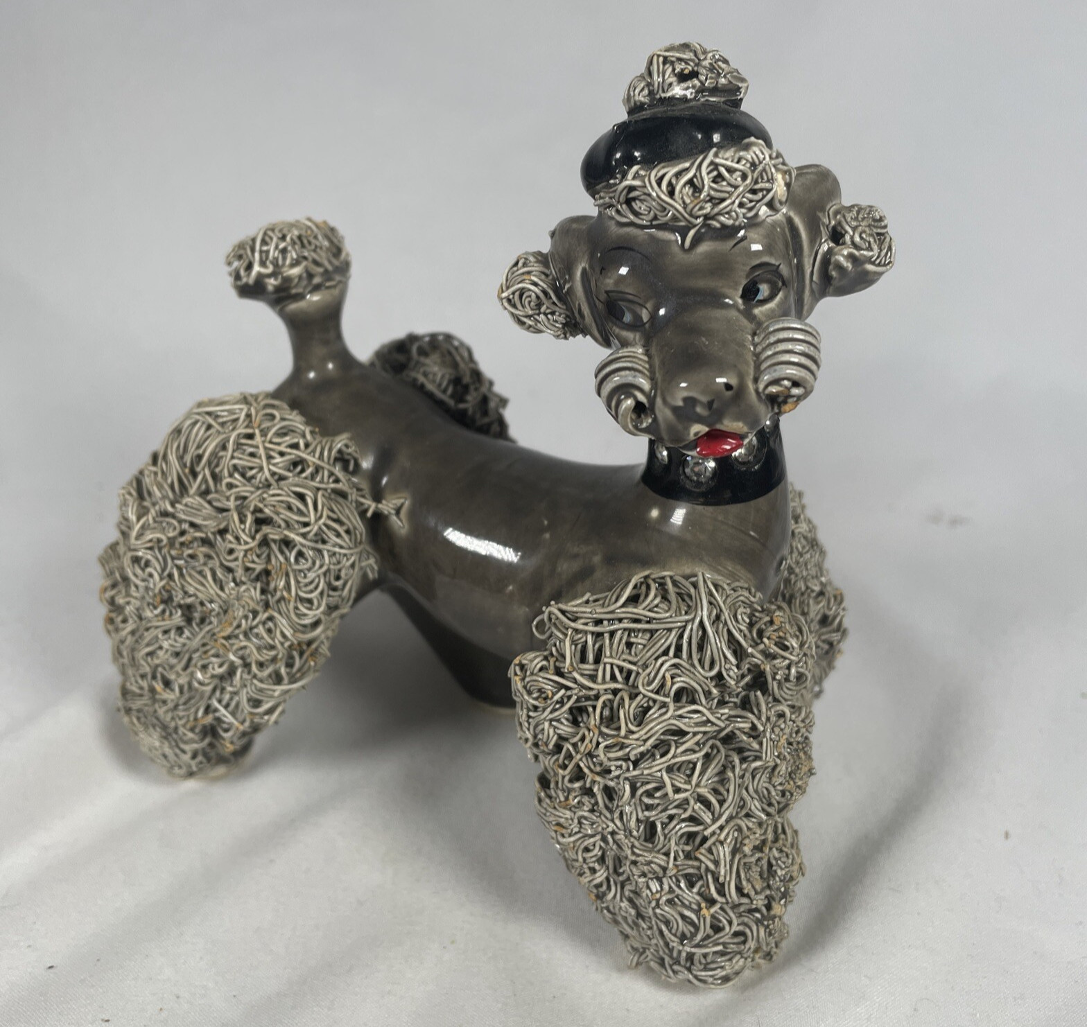 Vintage Gray Spaghetti Poodle Figurine With Rhinestone Collar 5 Inches Tall