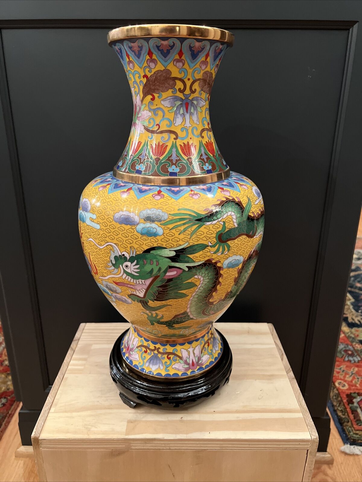 Chinese Enamel Cloisonne Dragon & Bird Flowers Motif Brass Trim 16” Vase Yellow