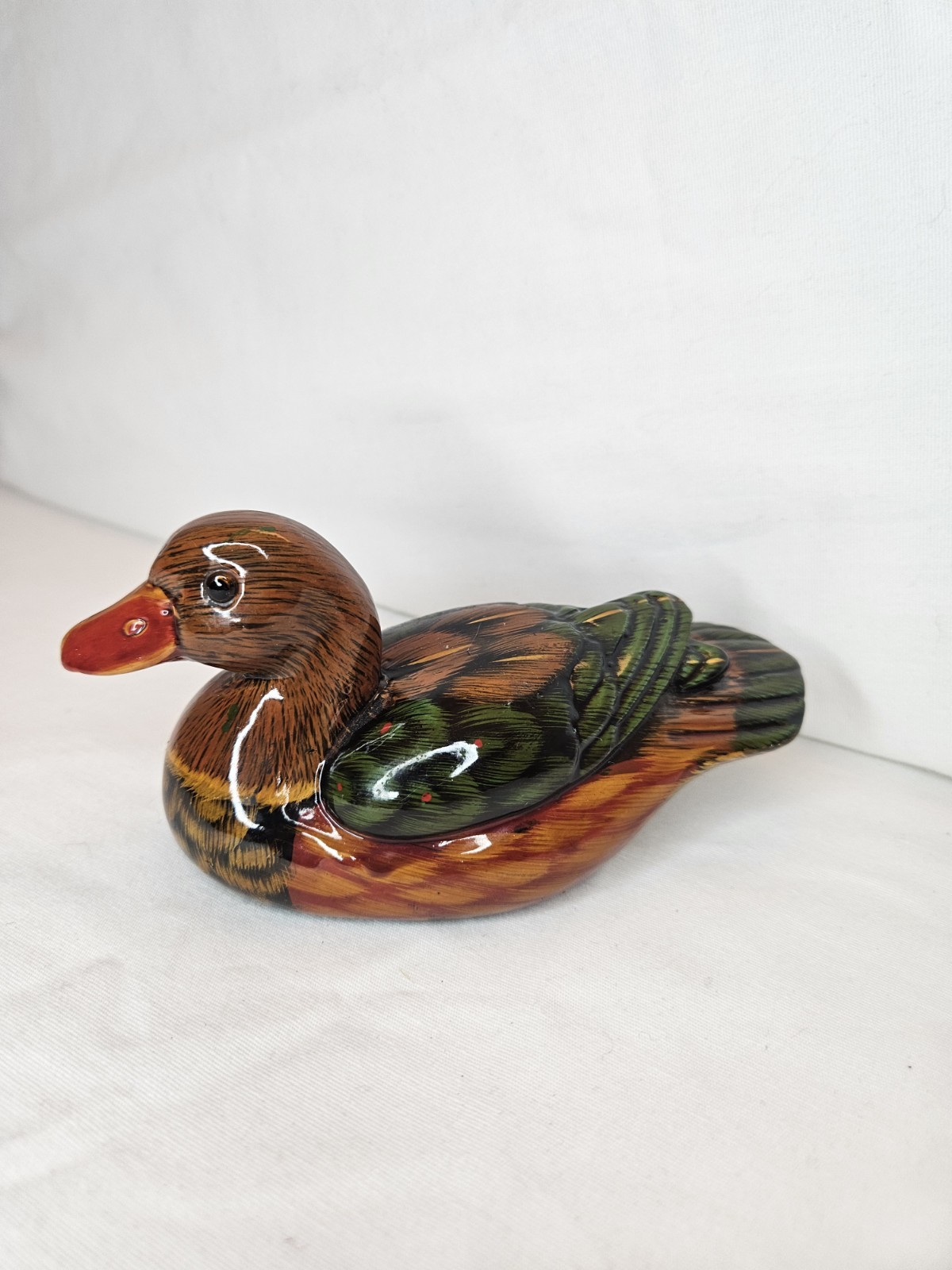 Enesco Porcelain Duck Figurine with Detailed Painting Green Orange Feathers 1986