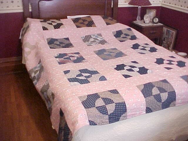 QUILT, GREAT BLACKS and BLUES on PINK, circa 1900s